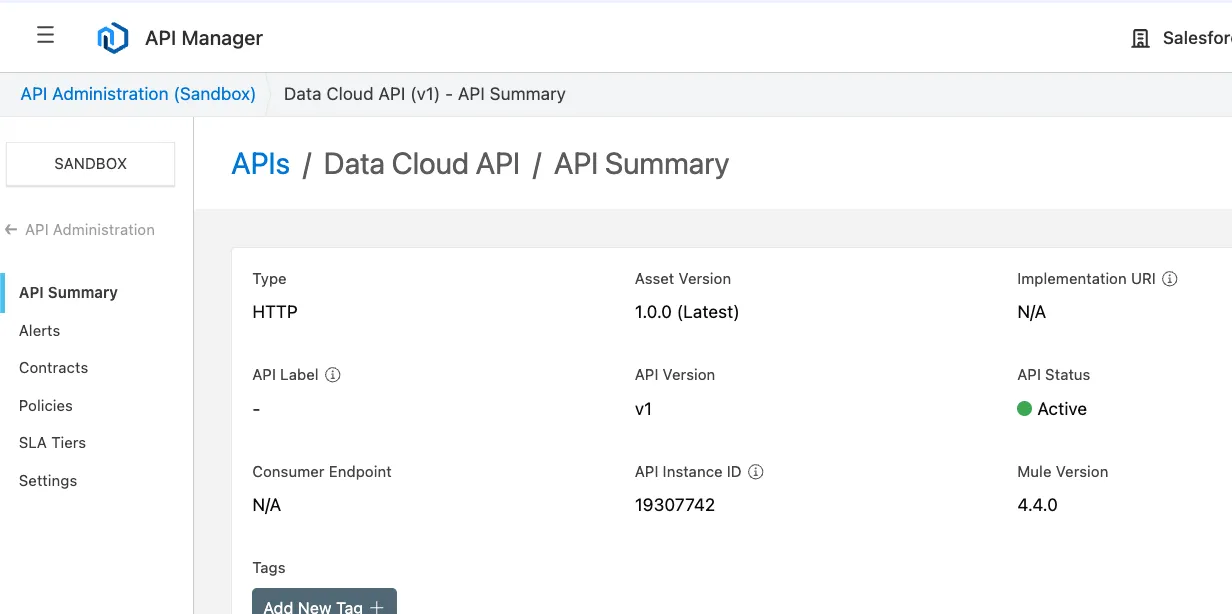 API Summary now showing the Data Cloud API status as Active with Mule version 4.4.0