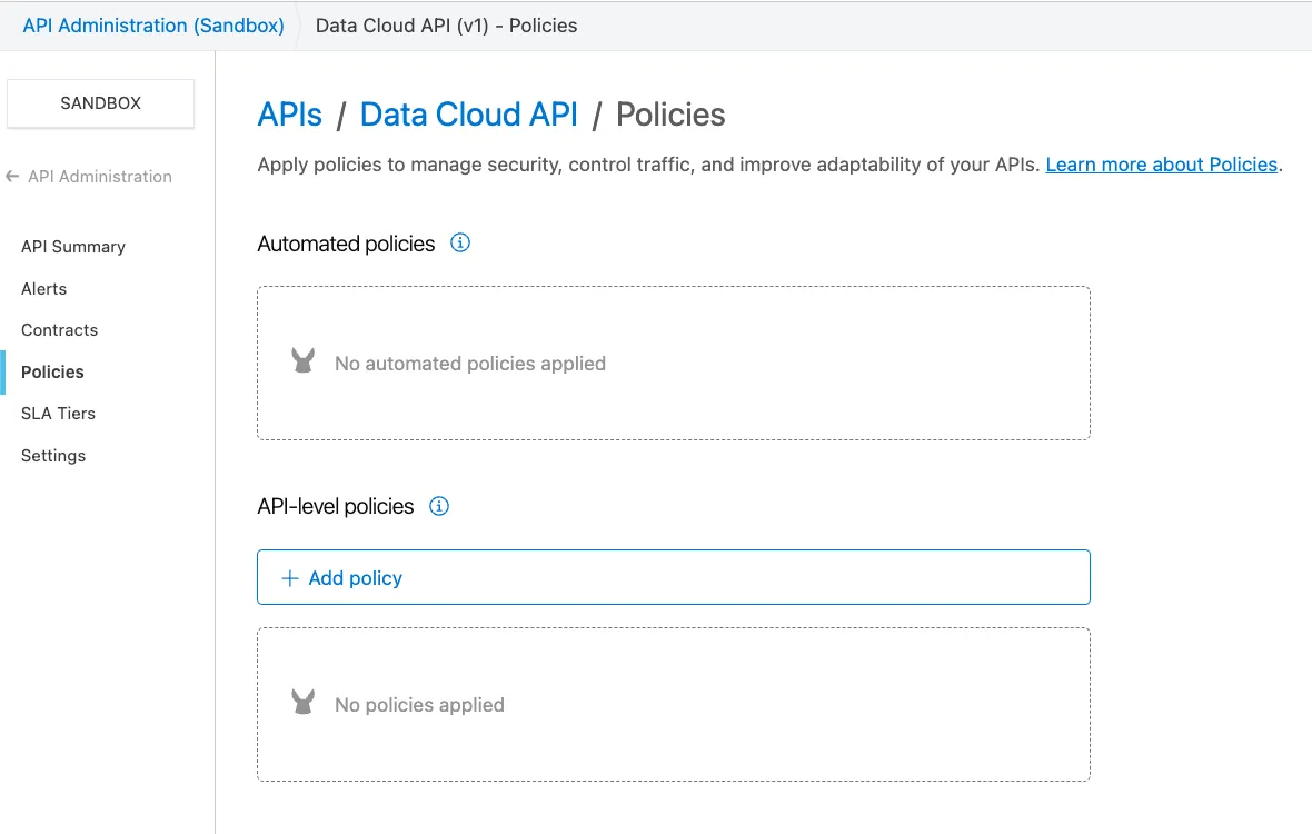 Policies tab with no policies applied and an Add policy button under API-level policies