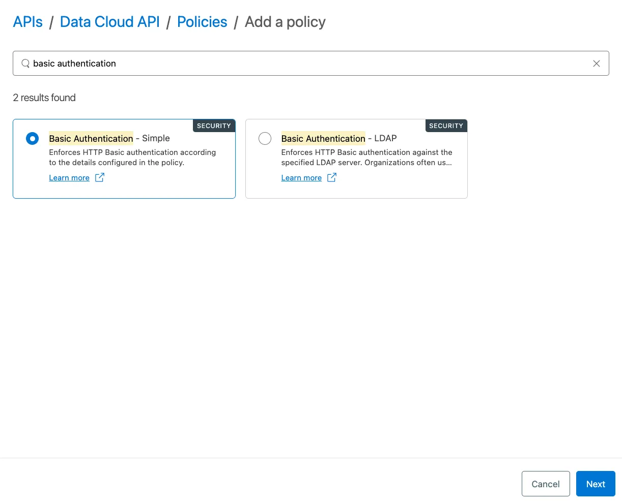 Add a policy search for basic authentication with Basic Authentication - Simple selected