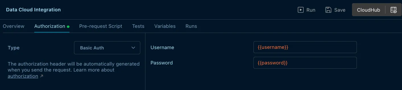 Postman collection Authorization tab set to Basic Auth referencing the username and password variables