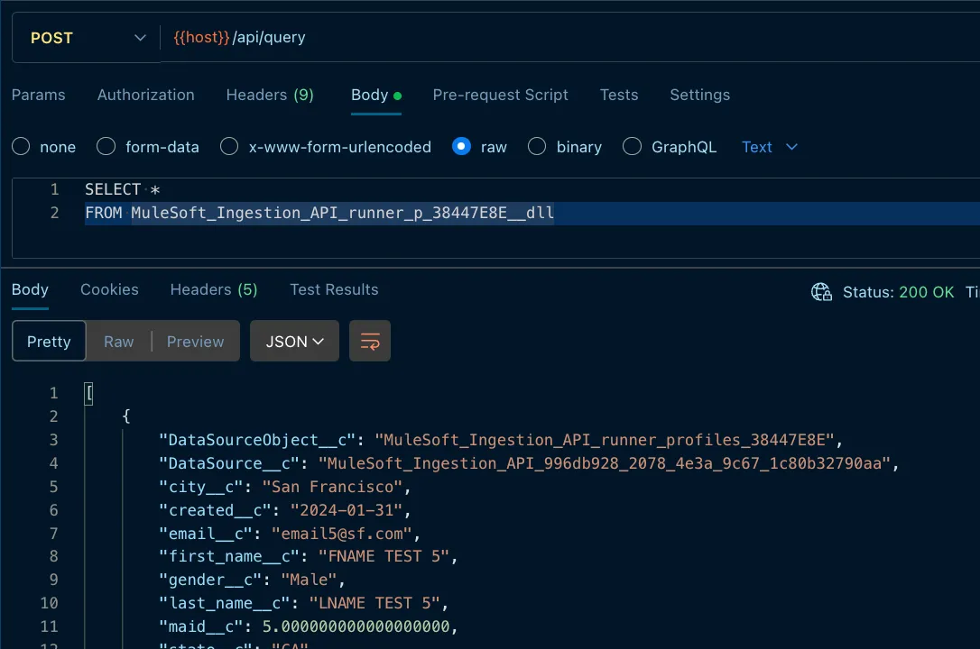 Postman query returning 200 OK again with the Data Cloud profile record after adding credentials