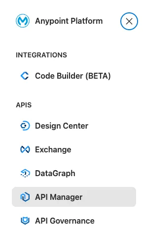 Anypoint Platform hamburger menu with API Manager highlighted under the APIs section