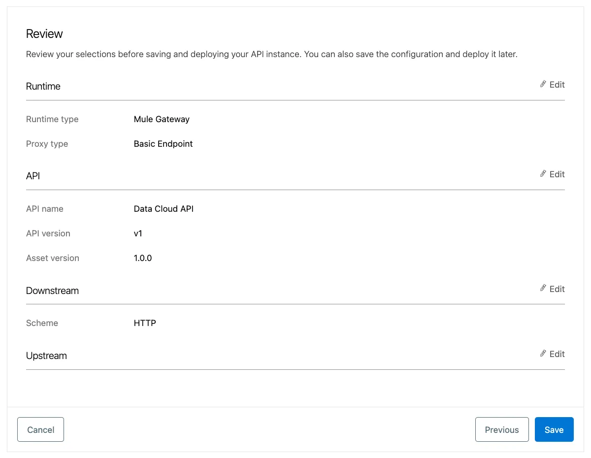 Review step summarizing the Mule Gateway runtime, Data Cloud API v1, and HTTP downstream scheme