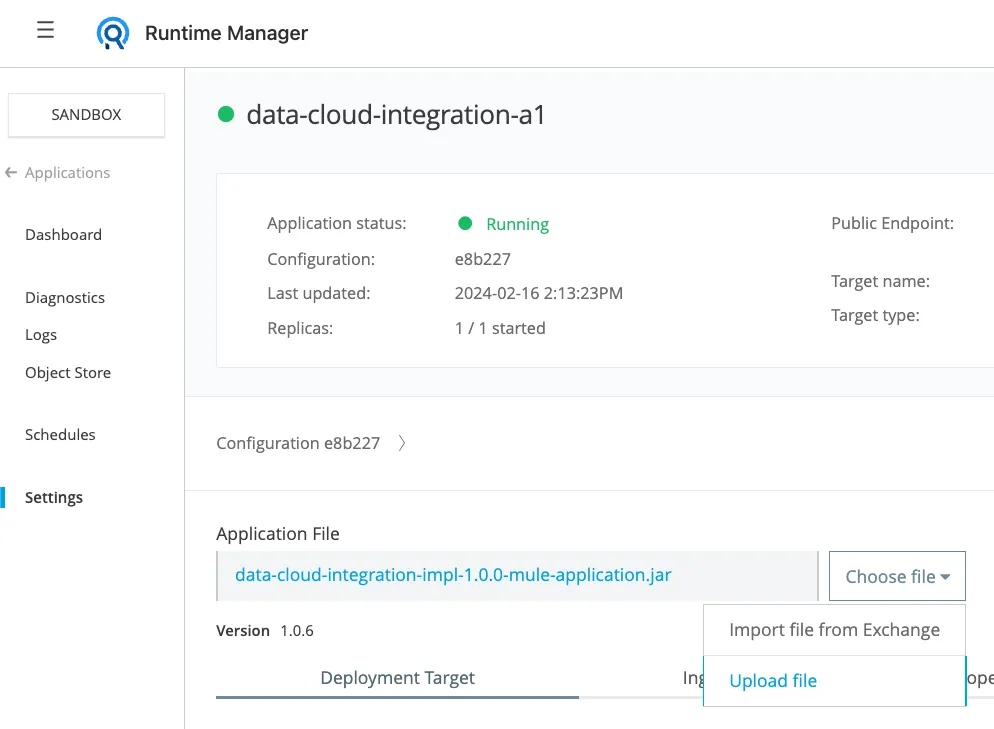 Runtime Manager Settings for the running app, uploading a new JAR via Choose file then Upload file