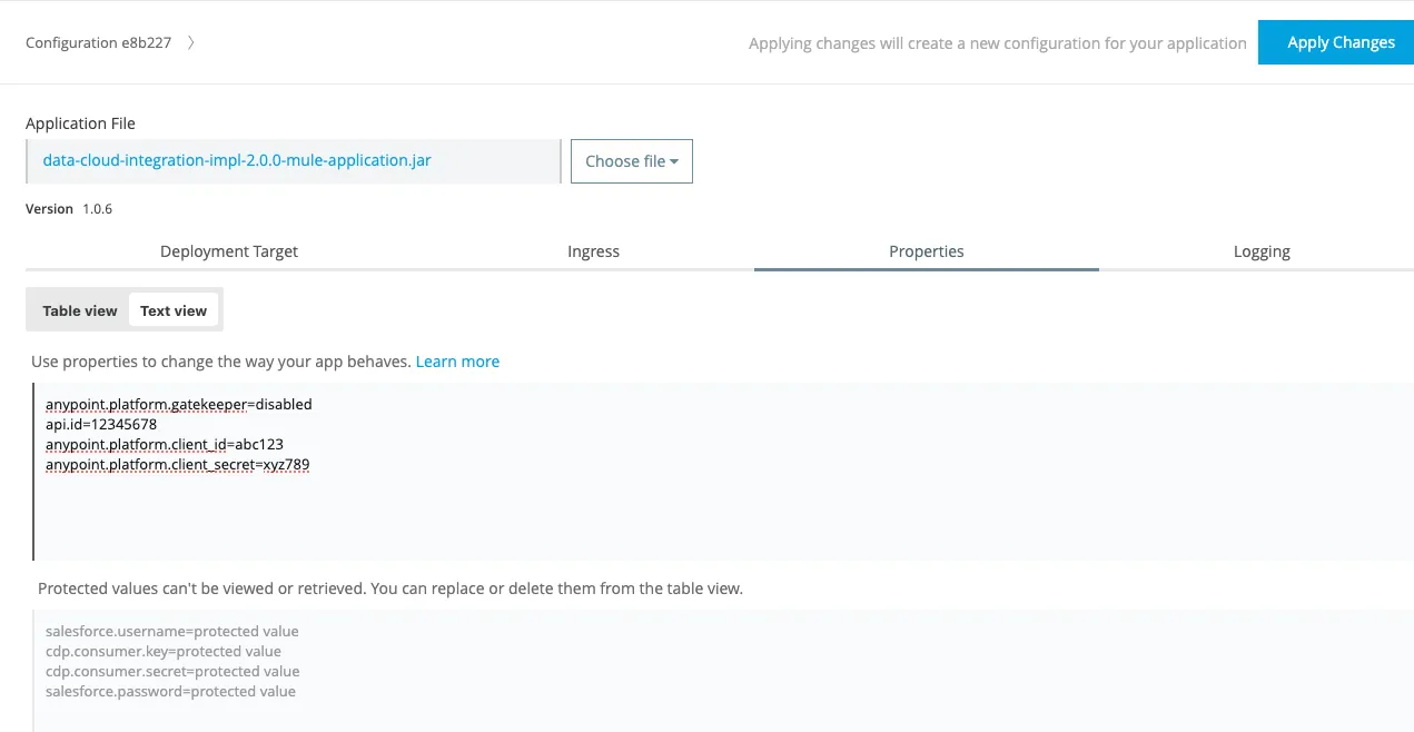 Properties text view with the gatekeeper, api.id, client_id, and client_secret values filled in