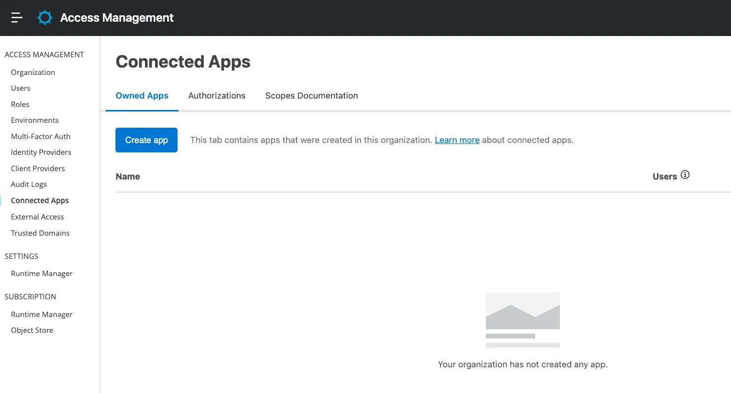Access Management Connected Apps page with the Create app button and no apps yet