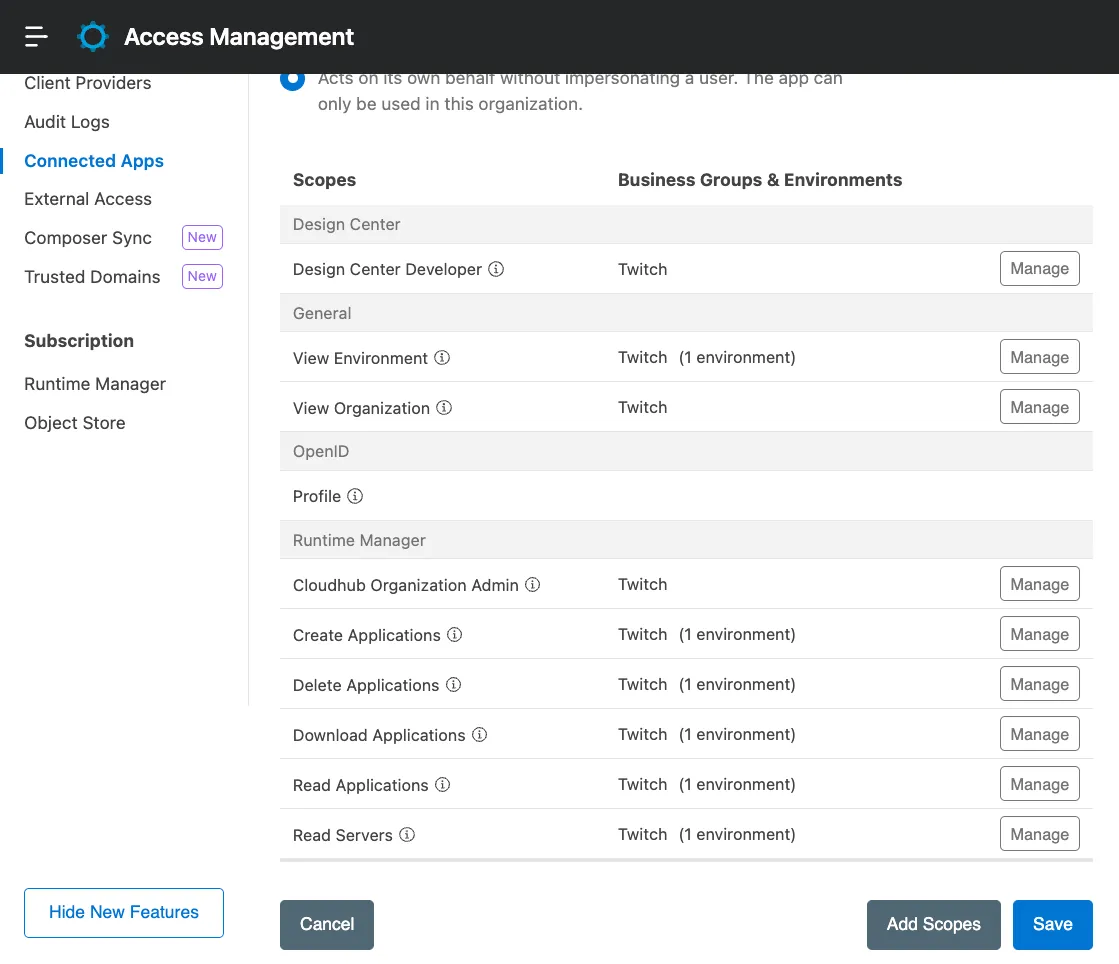 Connected App scope selection listing Design Center, General, OpenID and Runtime Manager scopes