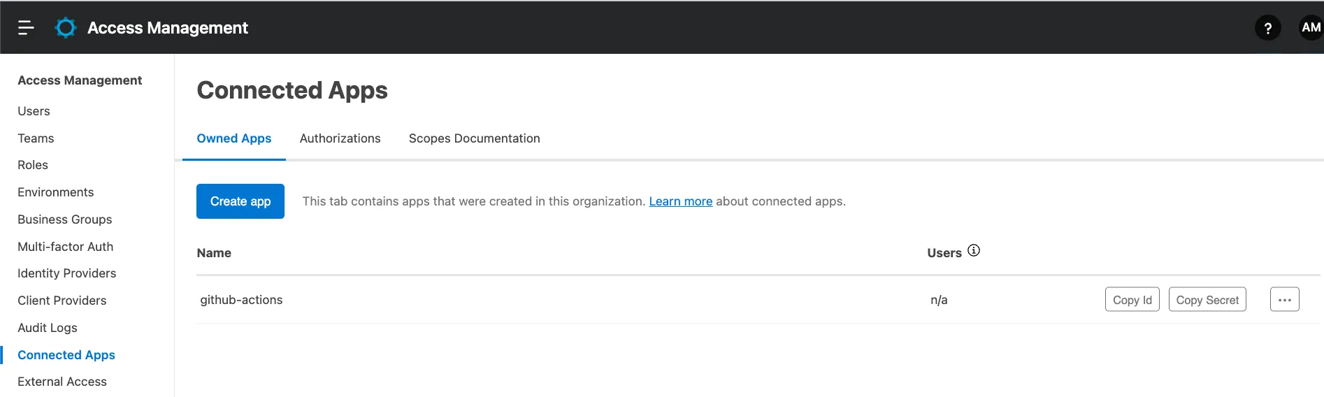 The created github-actions connected app with Copy Id and Copy Secret buttons