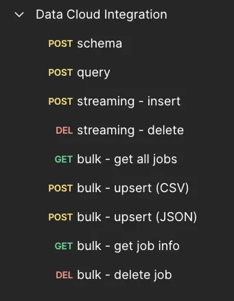 Postman Data Cloud Integration collection listing the streaming and new bulk requests