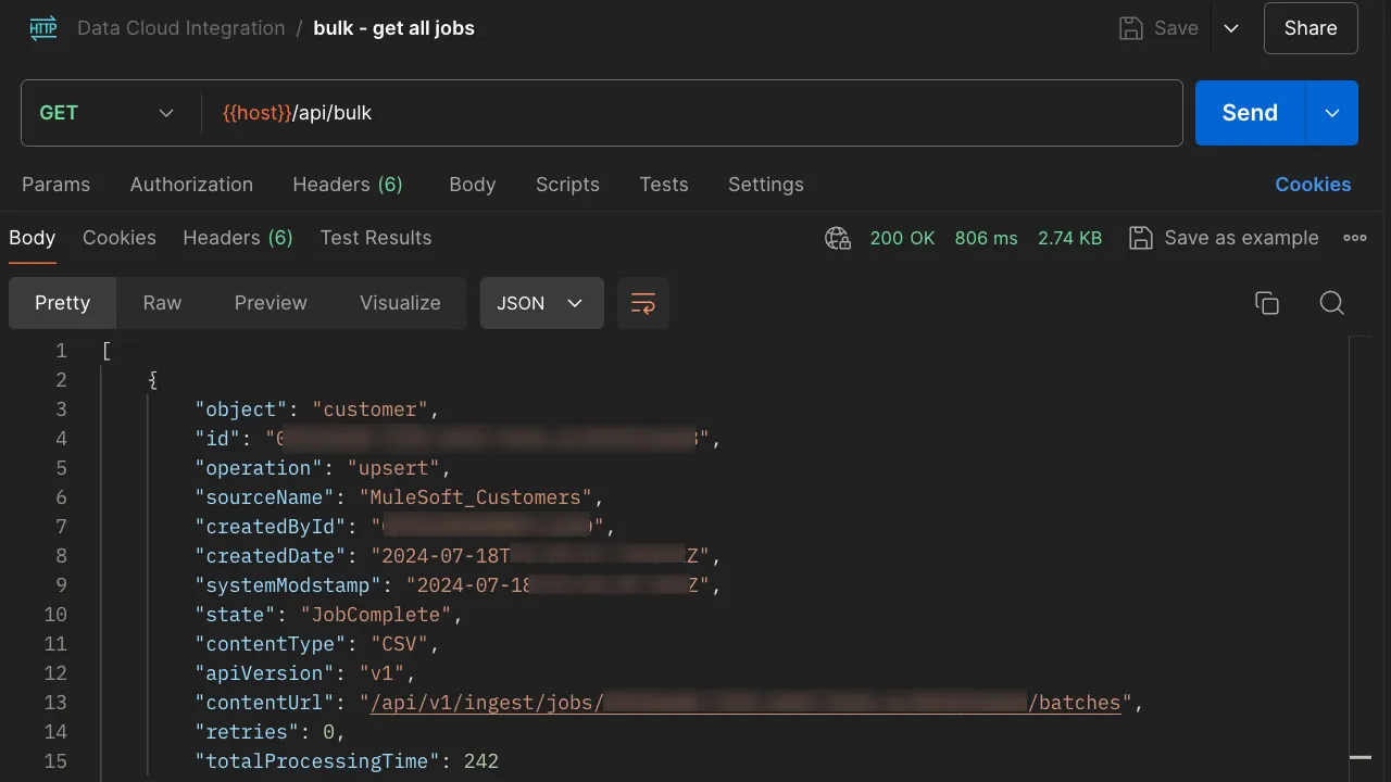 Postman "get all jobs" GET returning 200 OK with a JSON array of Jobs and their states