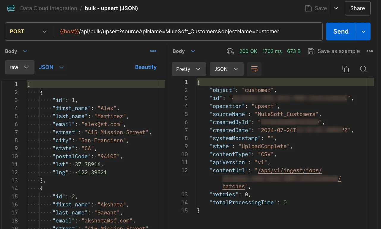 Postman upsert (JSON) POST with a customer array body returning the created Job details