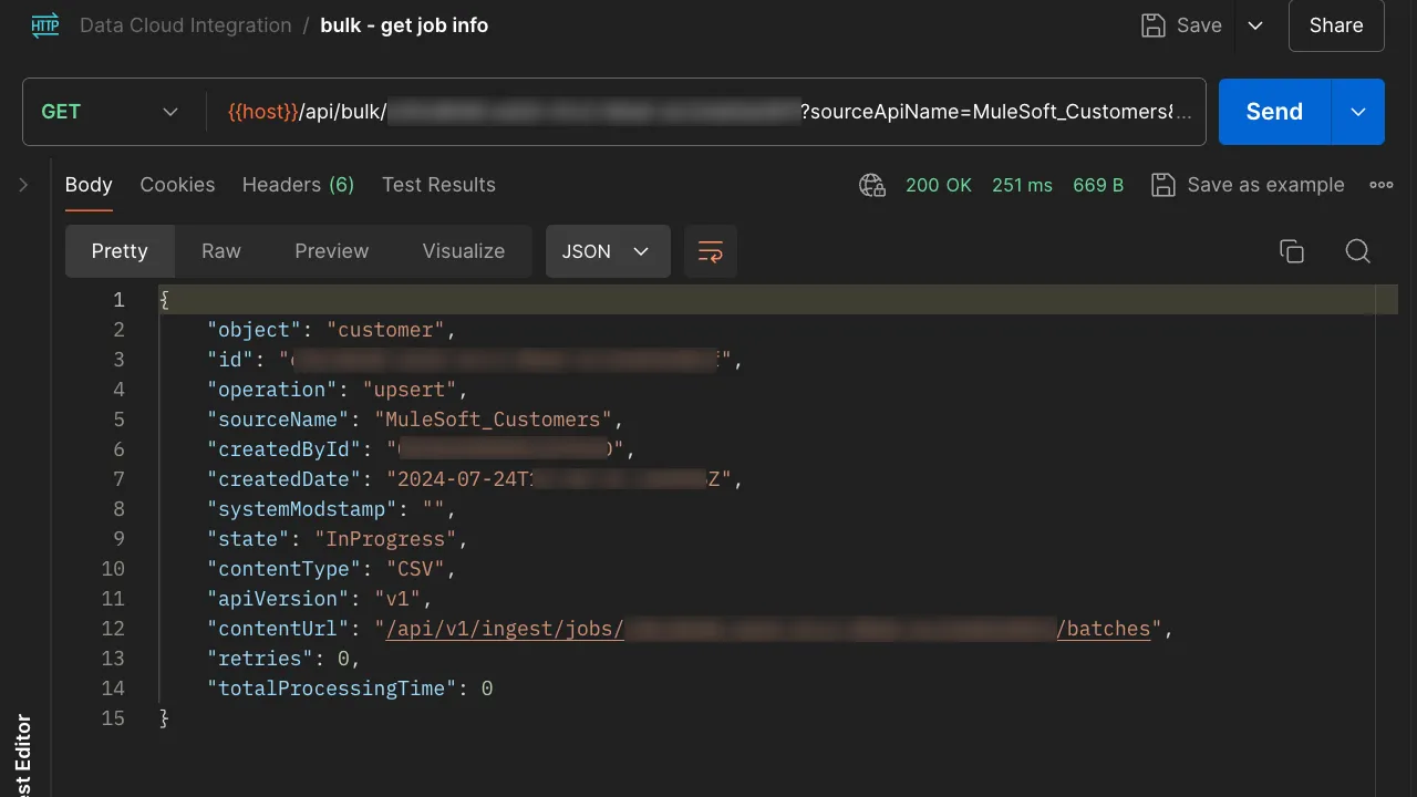Postman "get job info" GET returning a single Job's JSON with state InProgress