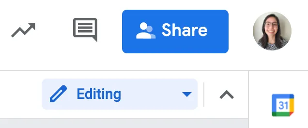 Top-right corner of Google Docs with the blue "Share" button highlighted