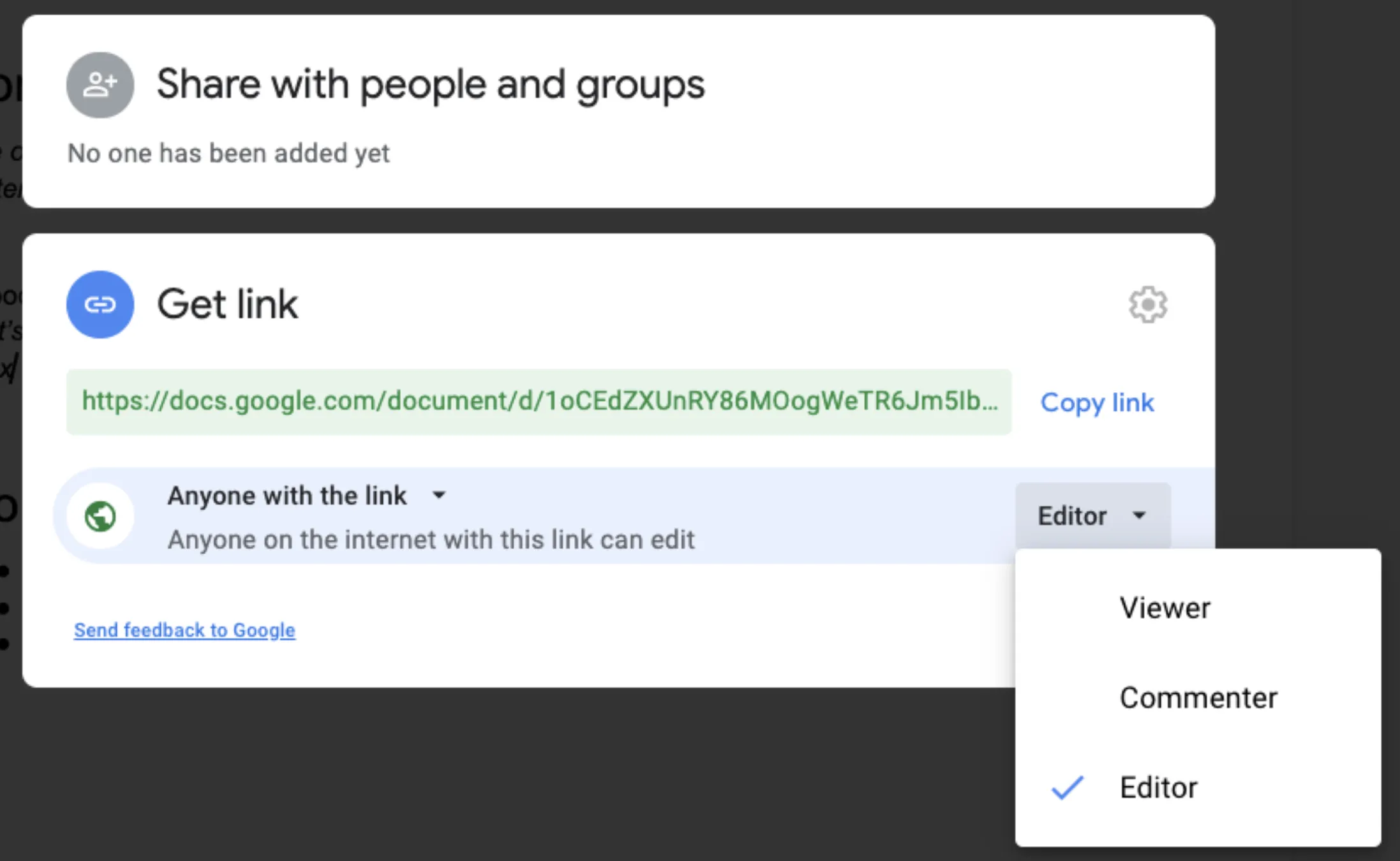 Google Docs share dialog set to "Anyone with the link" with the role dropdown showing Editor