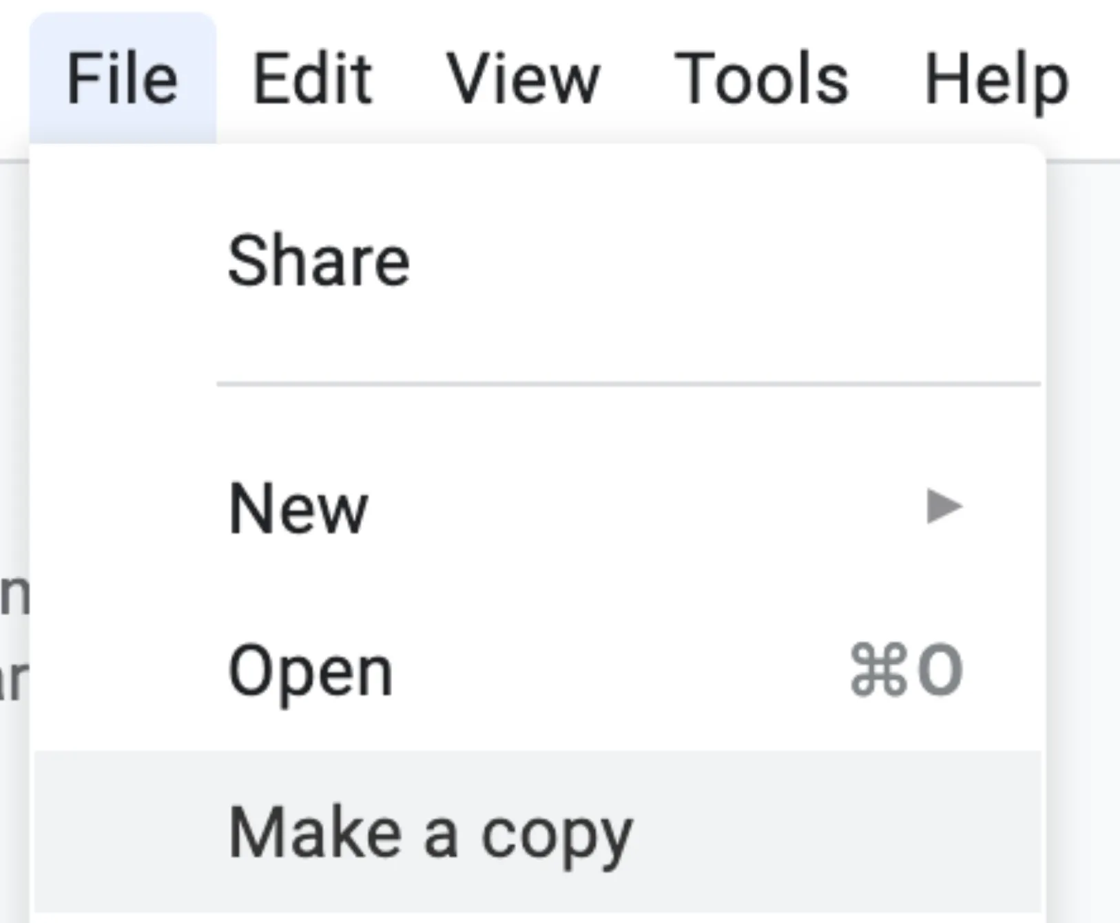 Google Docs File menu open with the "Make a copy" option highlighted