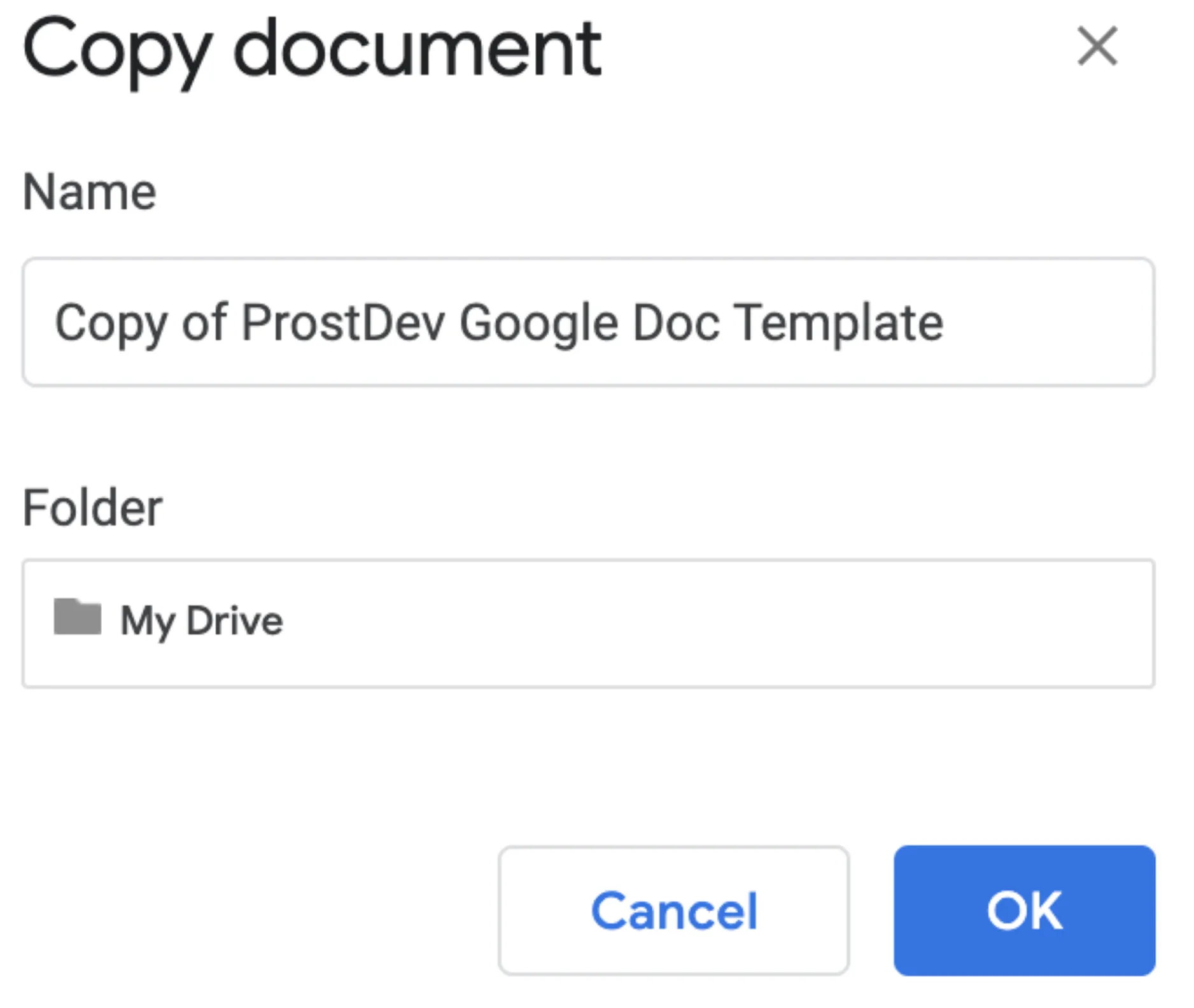 Google Docs "Copy document" dialog with a name field and a folder set to My Drive