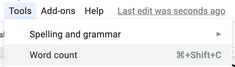 Google Docs Tools menu open with the "Word count" option highlighted