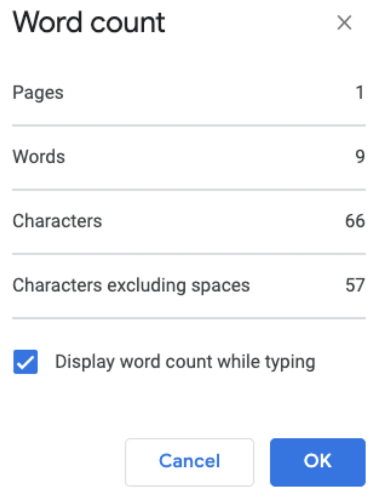 Word count dialog with the "Display word count while typing" checkbox enabled