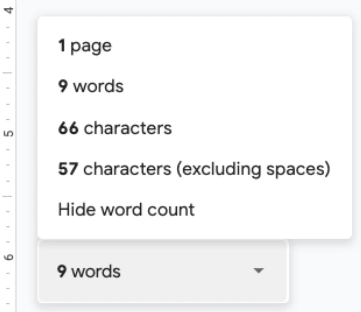 Floating word-count button in the document showing page, word, and character totals