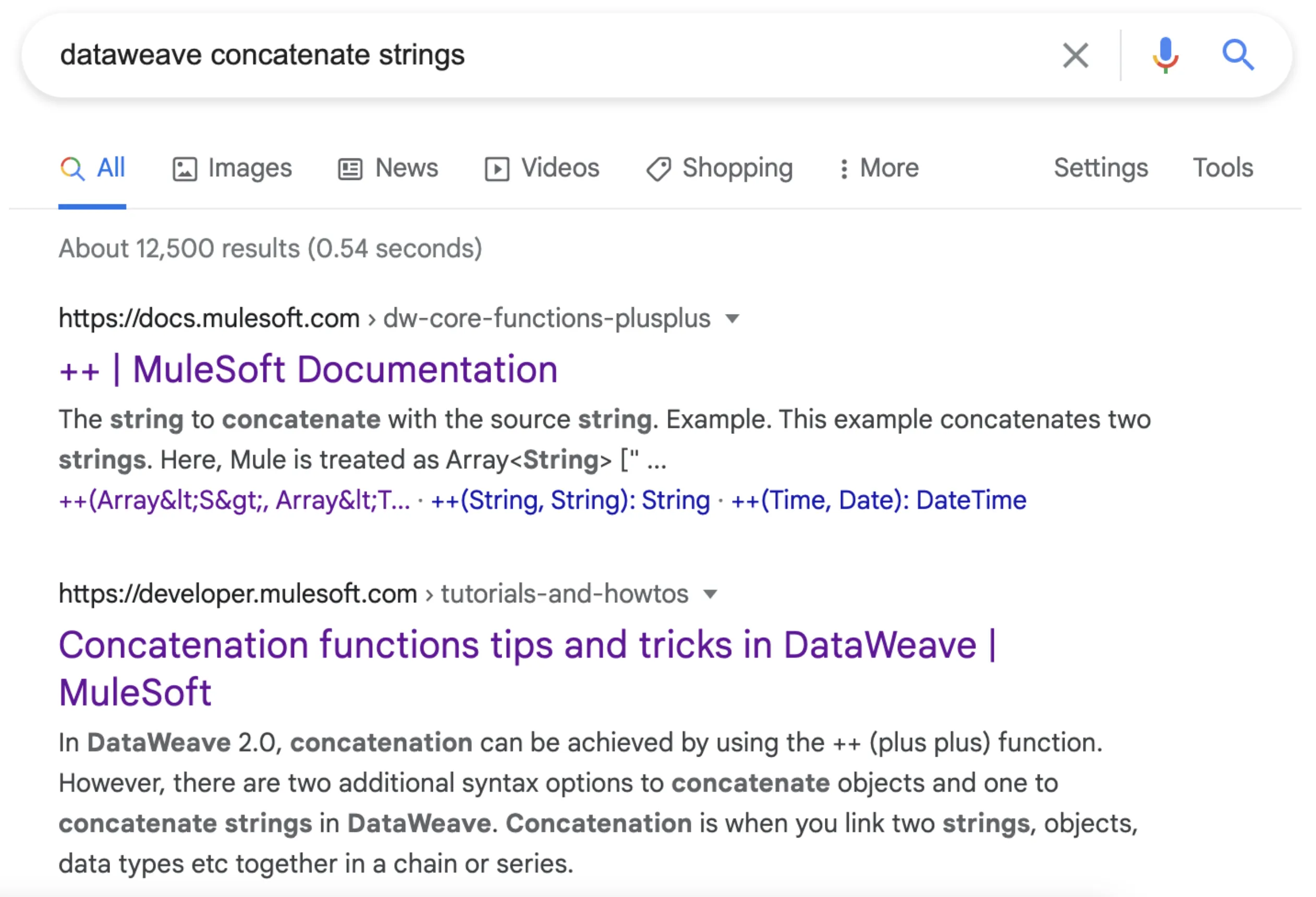 Example of a Google search with the keywords "dataweave concatenate strings"