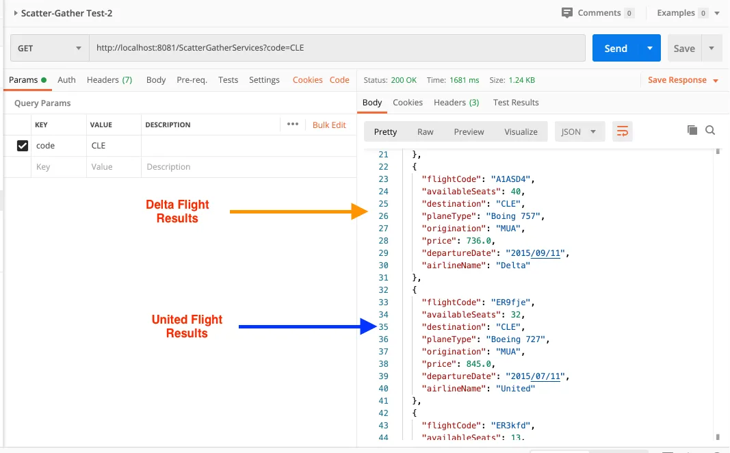 Fig 2.10: Postman test displaying the results of United and Delta flights.