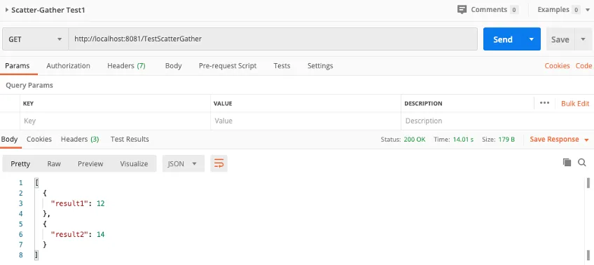 Fig 2.5.1: Postman test of the Scatter-Gather flow with error handling implemented. Only success responses from the processes are displayed.