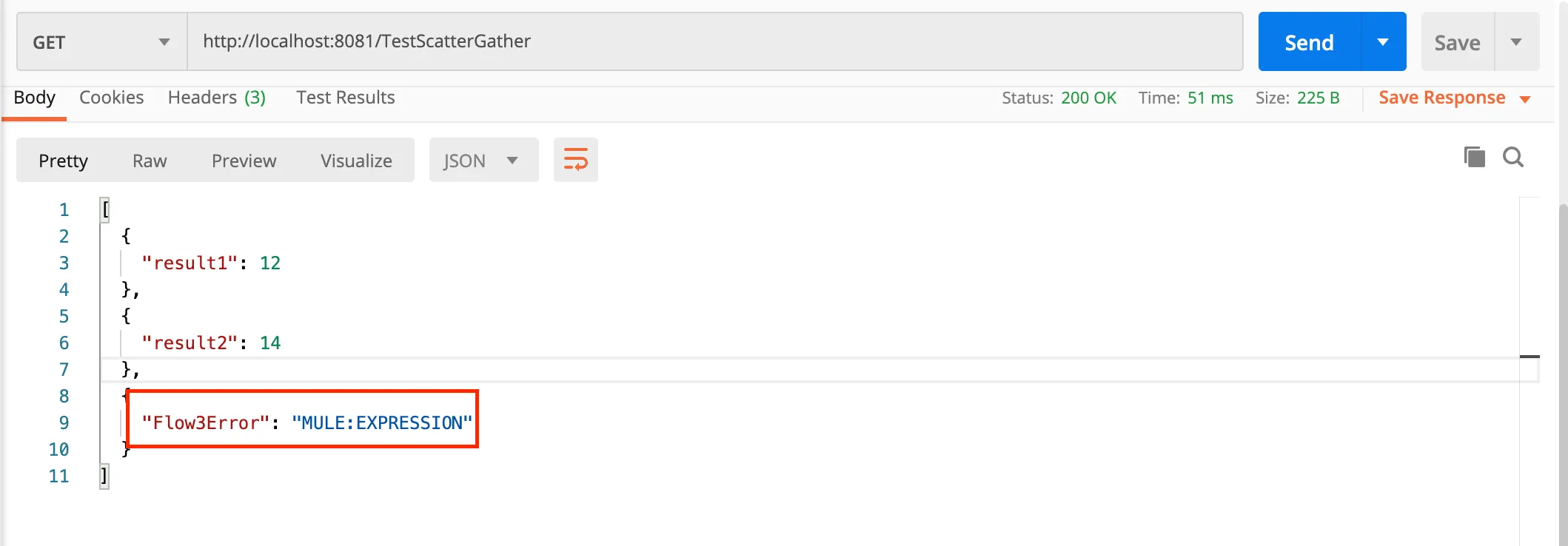 Fig 2.7: Postman test of the Scatter-Gather flow with error handling implemented. All the route responses are displayed, including error.