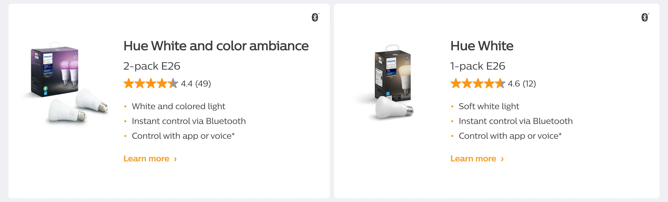 Product cards comparing Hue White and color ambiance bulbs versus white-only Hue White bulbs