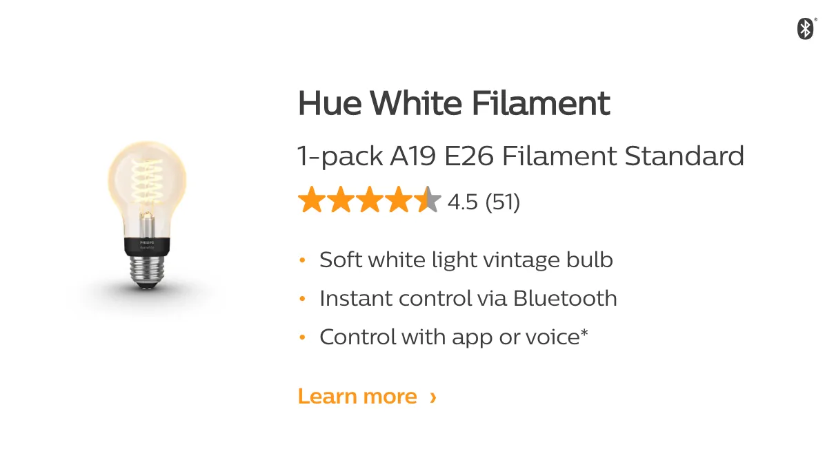 Hue White Filament vintage-style bulb product card with spec details