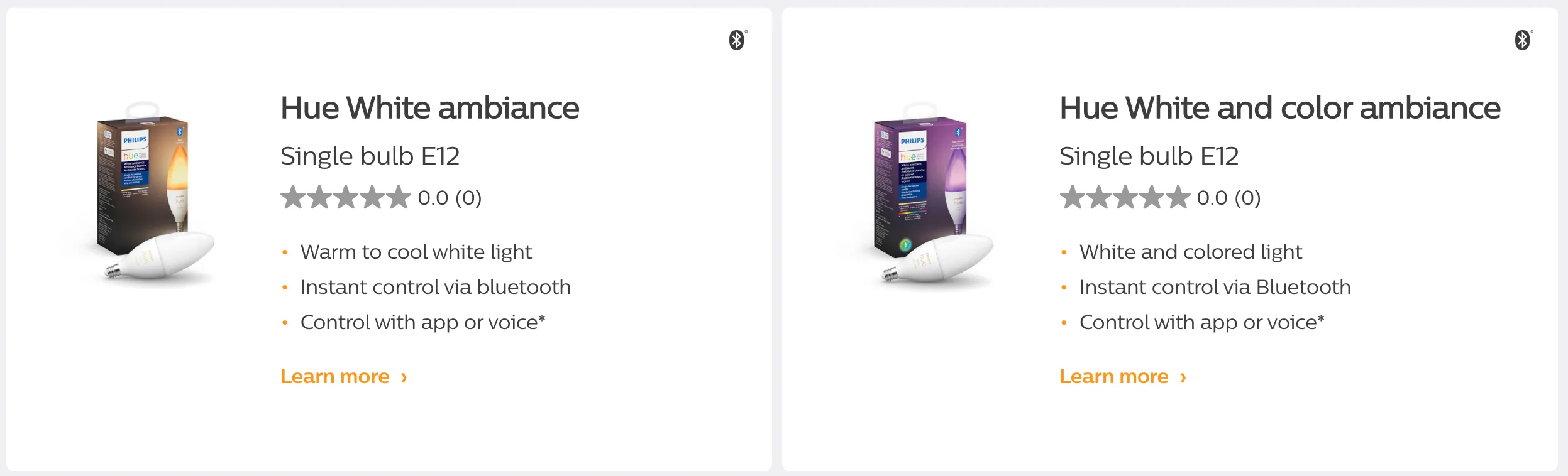 Two small E12 candle bulb product cards, white ambiance and color ambiance versions