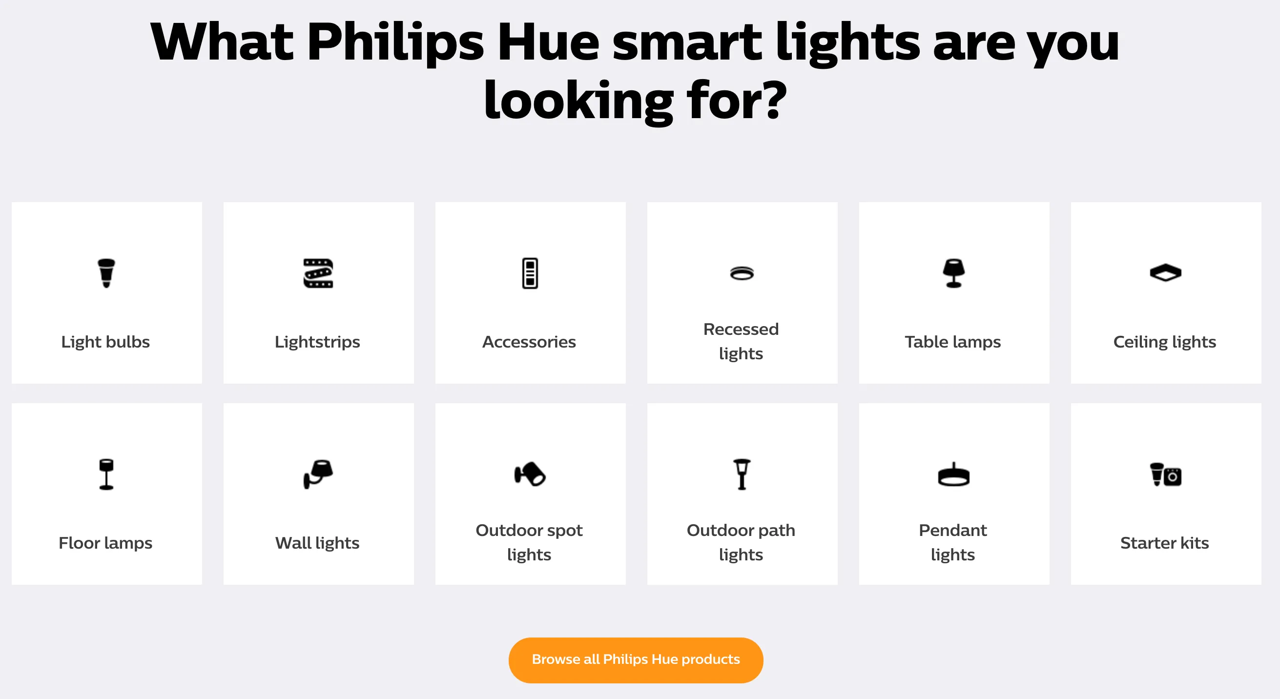 Philips Hue product-overview grid of light types: bulbs, lightstrips, lamps, outdoor and more