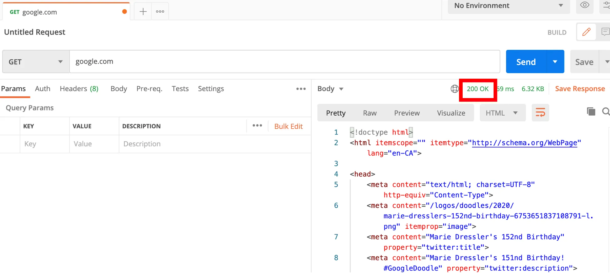 Postman GET request to google.com showing the 200 OK status code highlighted above the response.
