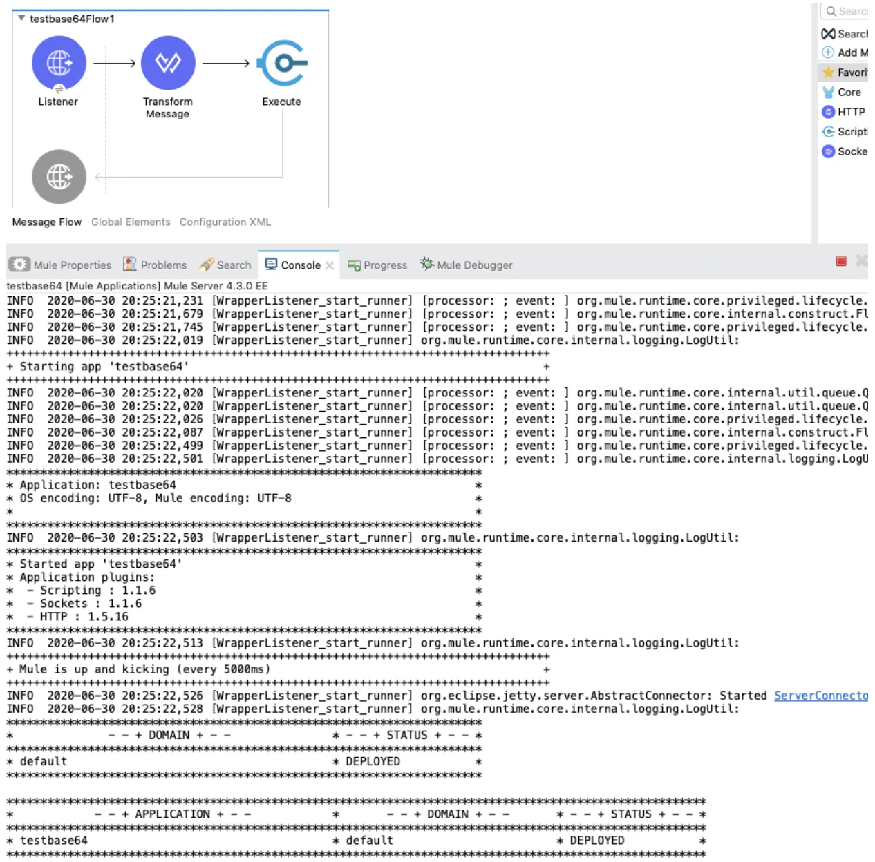 Anypoint Studio console showing the testbase64 app starting and reaching DEPLOYED status.