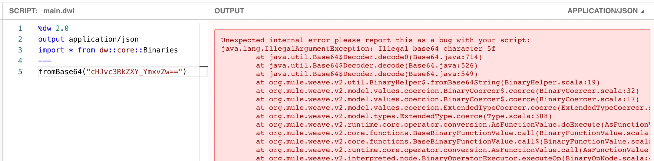 DataWeave Playground running fromBase64 on a URL-encoded string and throwing an Illegal base64 character error.