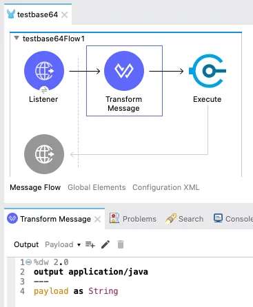 Flow with a Transform Message added between the Listener and Execute, casting the payload as String for Java.