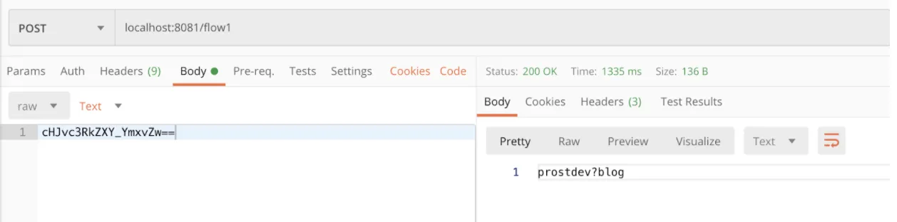 Postman POST to localhost:8081/flow1 returning 200 OK with the decoded "prostdev?blog" response.