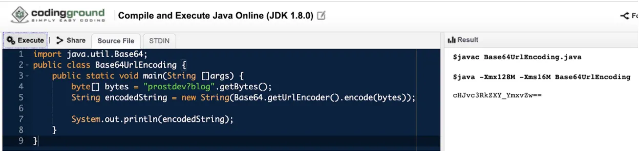 Online Java compiler running the Base64UrlEncoding class, printing the encoded string cHJvc3RkZXY_YmxvZw==.